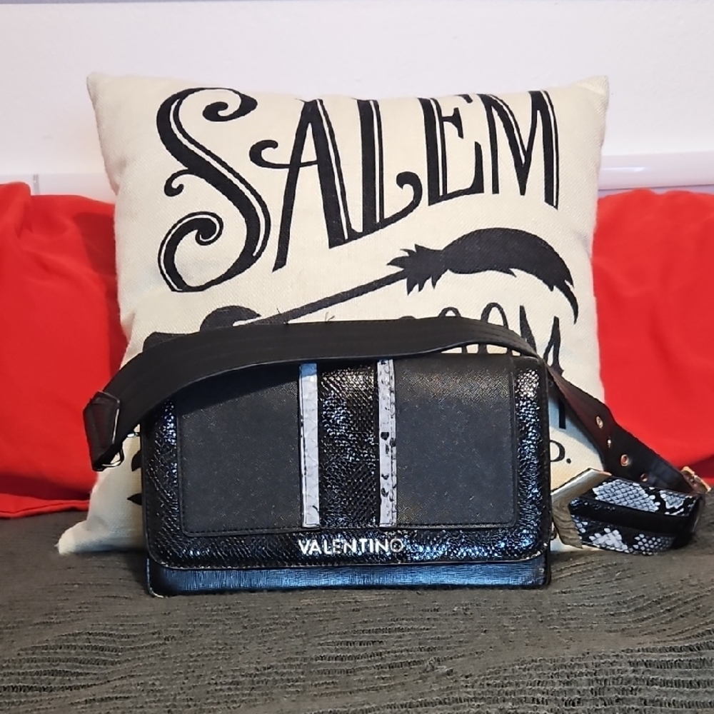 Authentic Valentino Black and White Crossbody Bag with Snake-Print Stripe ITALY